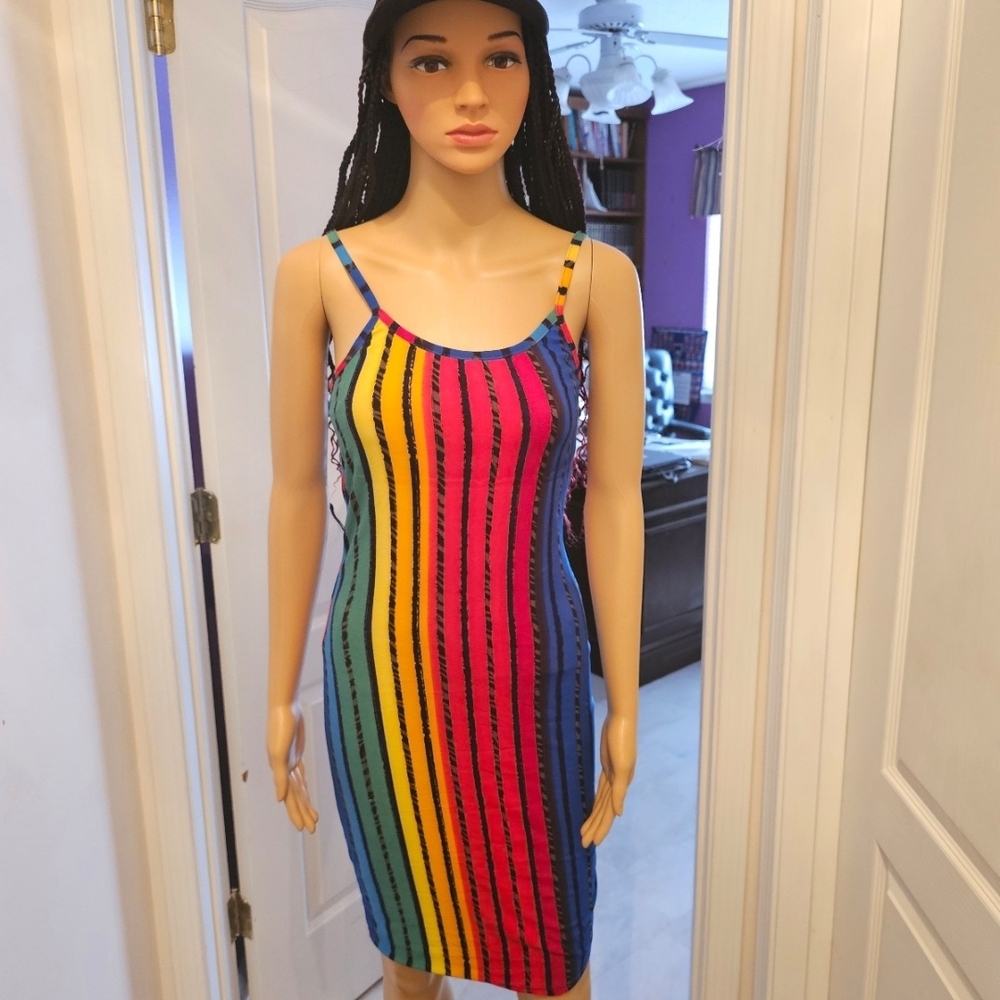 Sleeveless Multicolor Stripe Bodycon Dress - Vibrant Rainbow